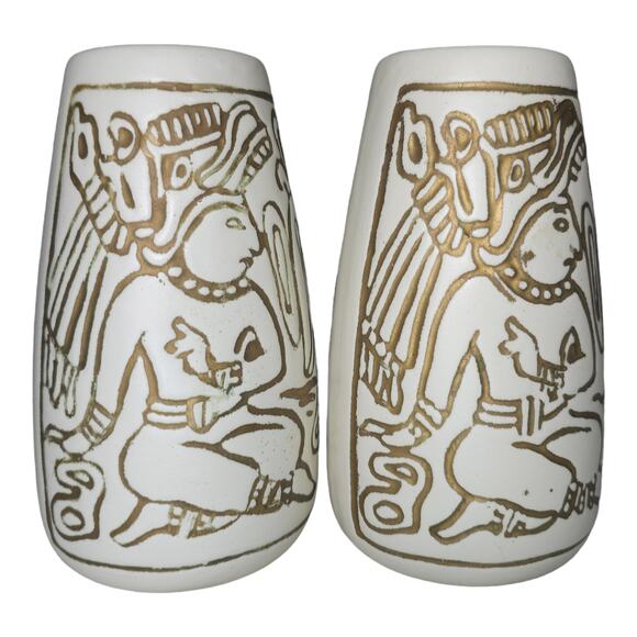 Vintage Mid-Century Mayan Aztec Native Design Vase Pair Cream Gold USA Made - Picture 12 of 16